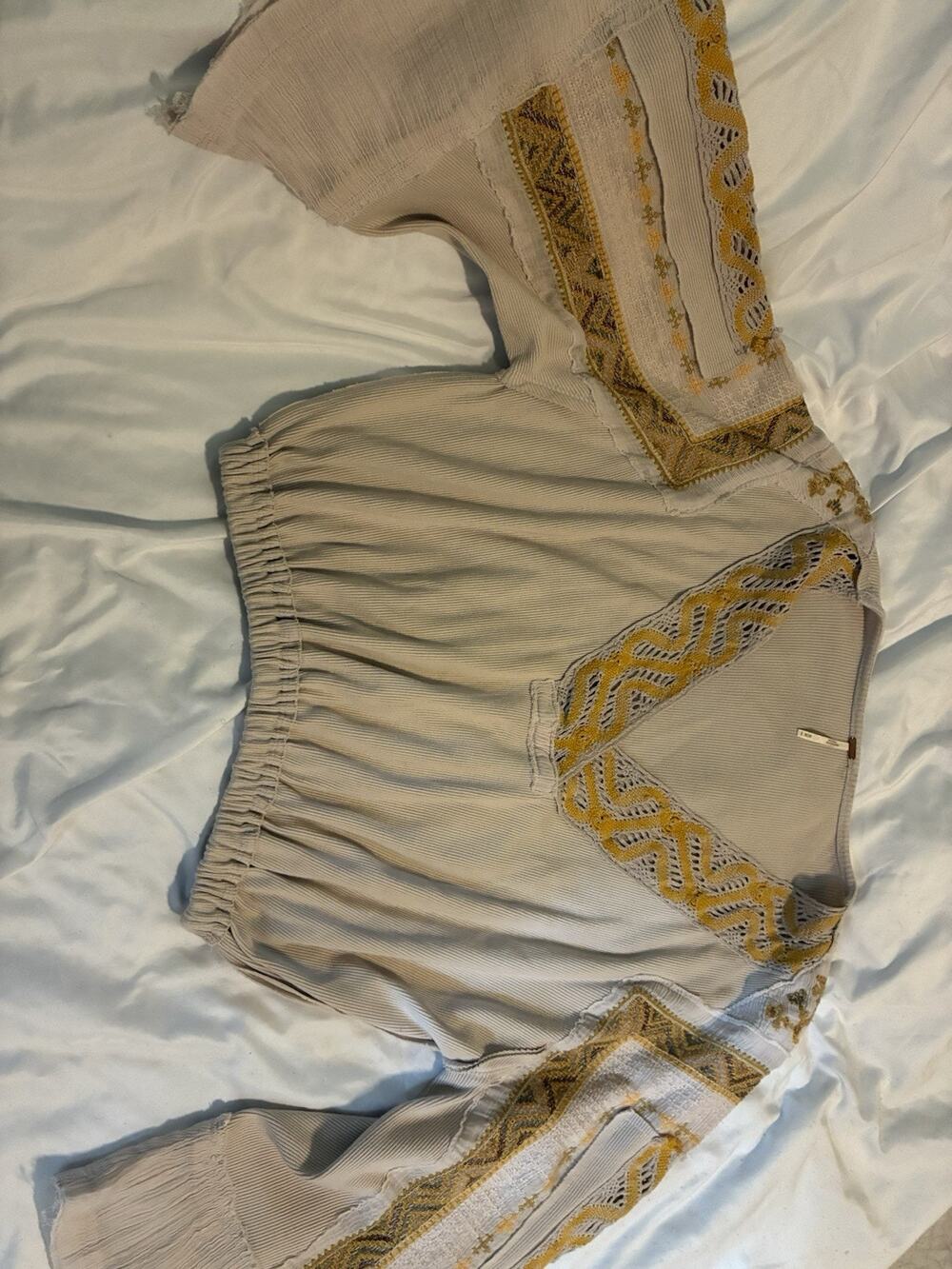 Free People Top Cross Country Wide Sleeve Embroidered Cropped Size M
